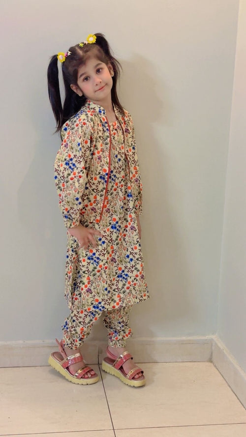 Premium Printed 3-Pcs Kids Kurti & Shalwar Set with Upper – KC-4721