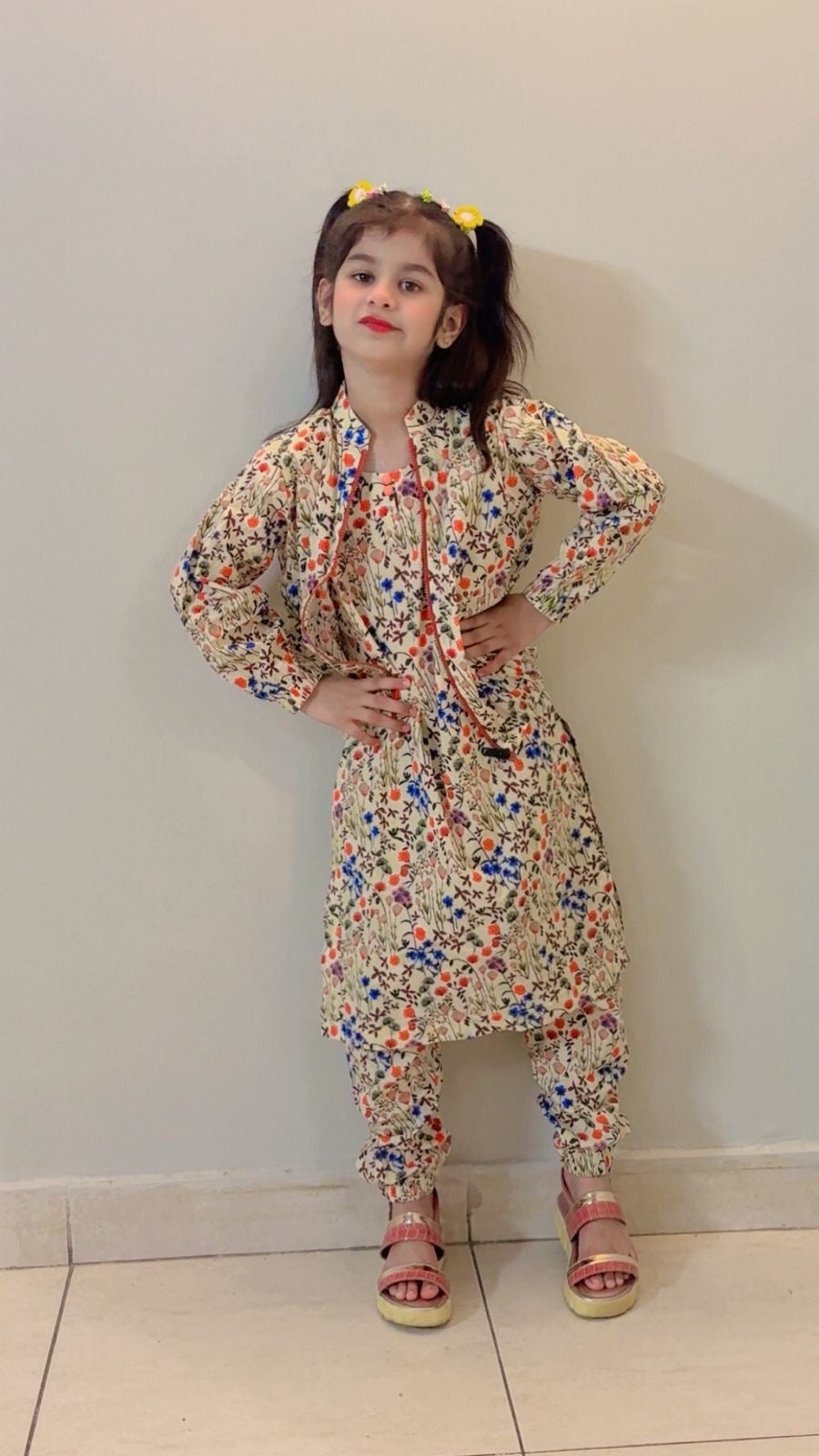 Premium Printed 3-Pcs Kids Kurti & Shalwar Set with Upper – KC-4721